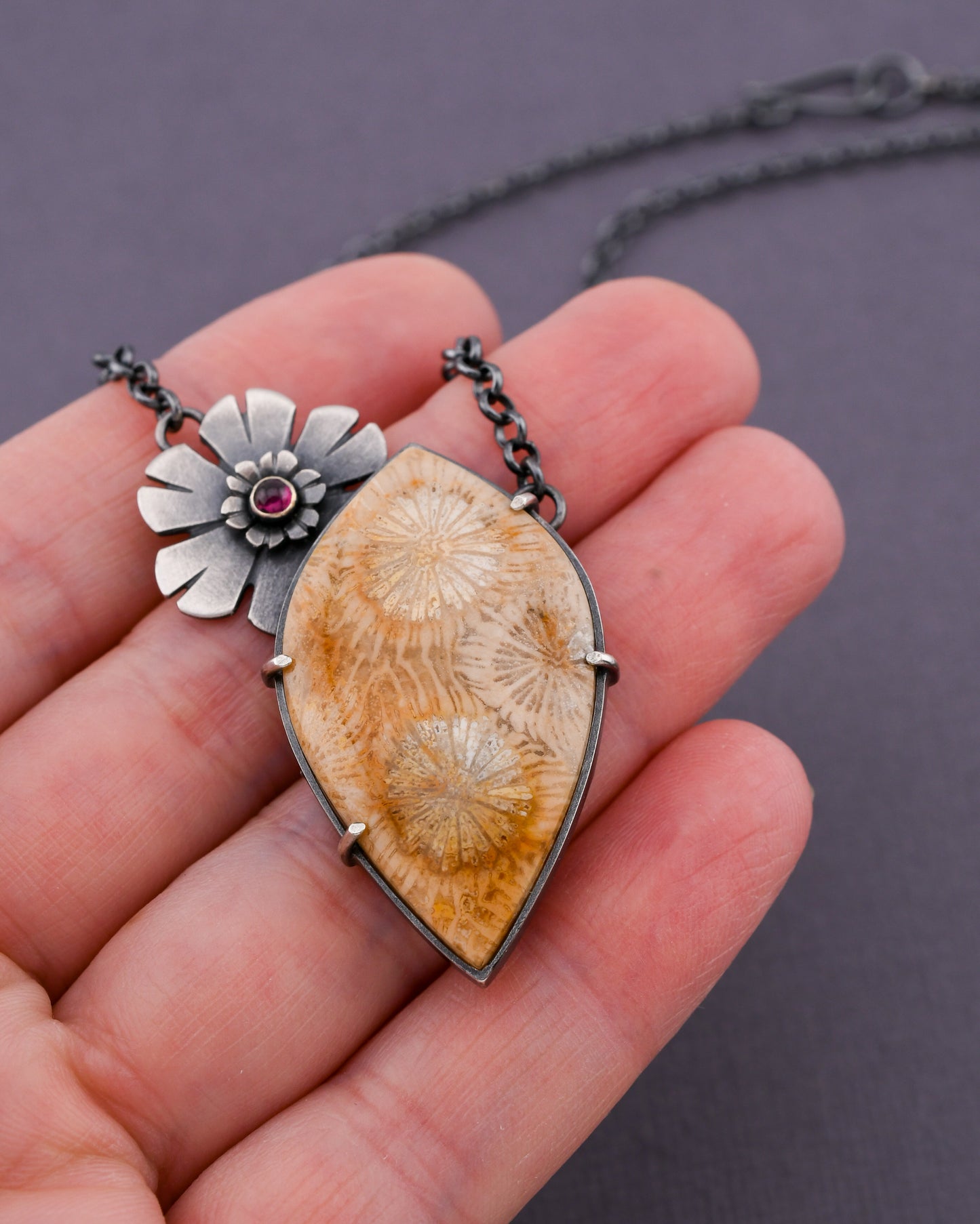 Helios Necklace: Golden Fossilized Coral & Garnet