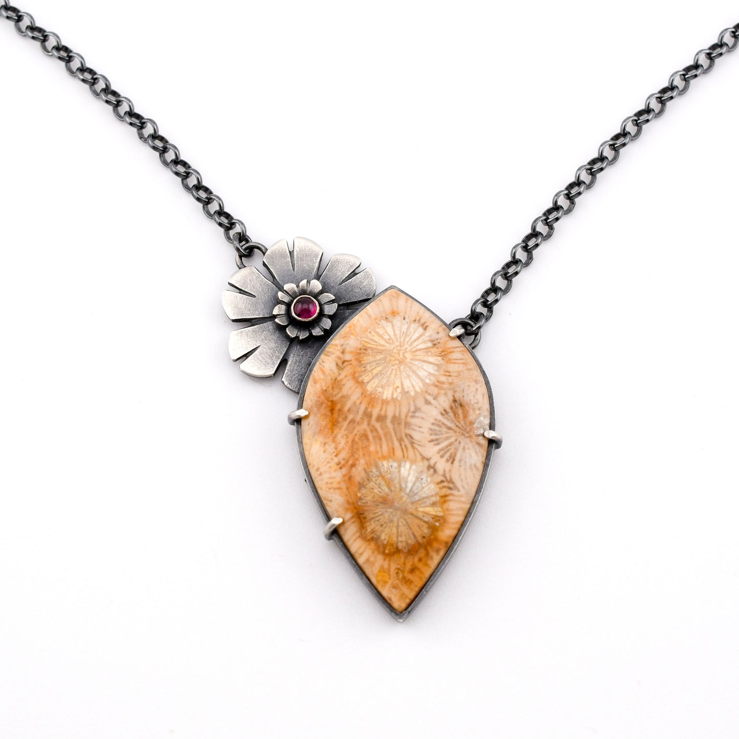 Helios Necklace: Golden Fossilized Coral & Garnet