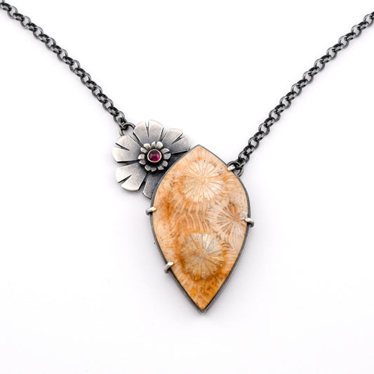 Helios Necklace: Golden Fossilized Coral & Garnet
