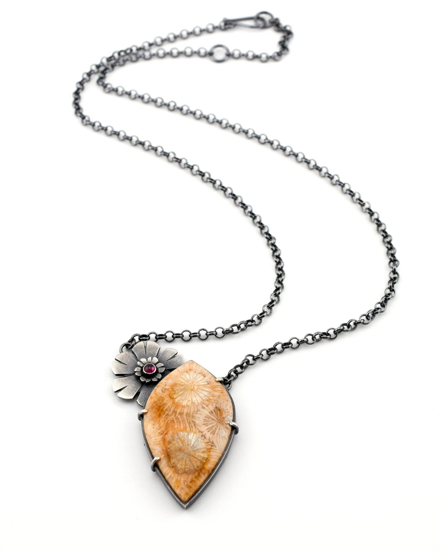Helios Necklace: Golden Fossilized Coral & Garnet