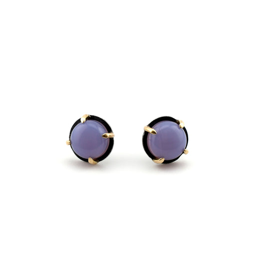 purple chalcedony stud earrings in black silver and 14k gold on a white background