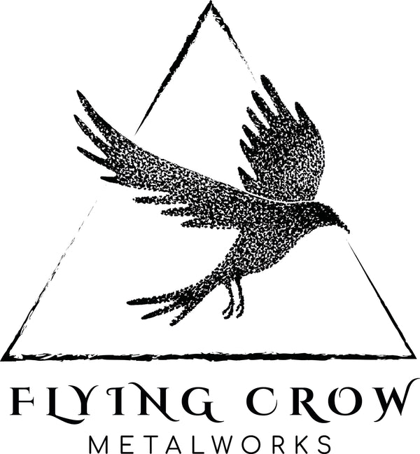 Logo of Flying Crow Metalworks with a black bird silhouette inside a triangle on a white background.