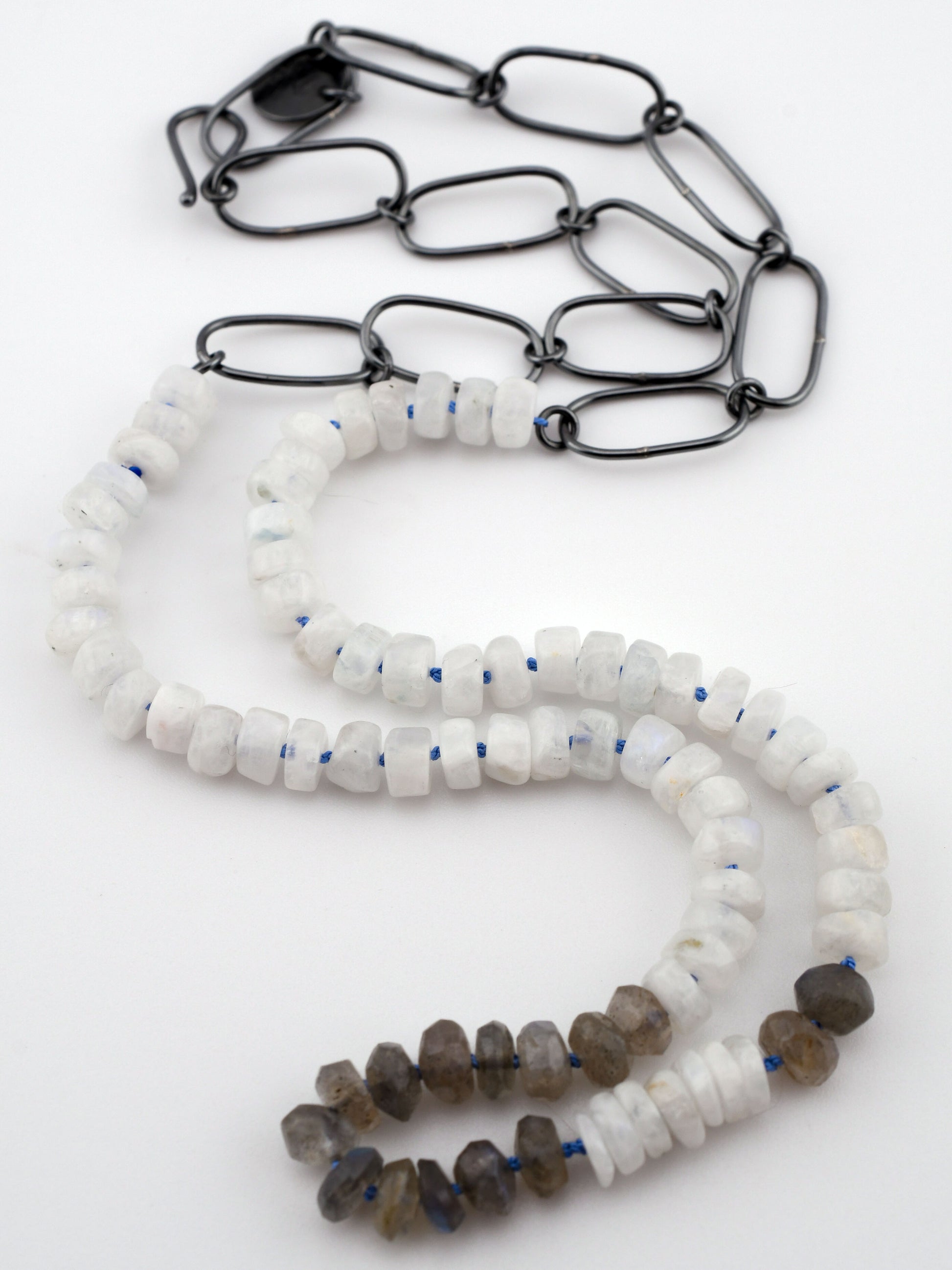 white and gray bead necklace with blackened silver chain