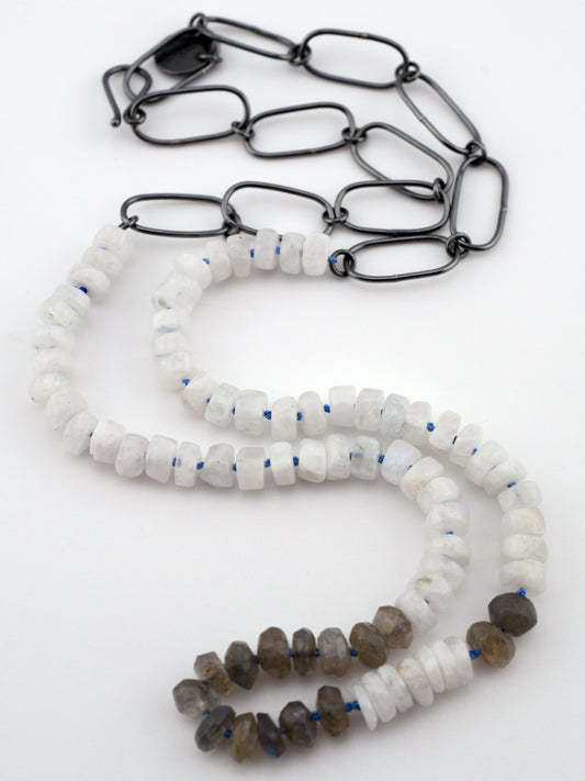white and gray bead necklace with blackened silver chain