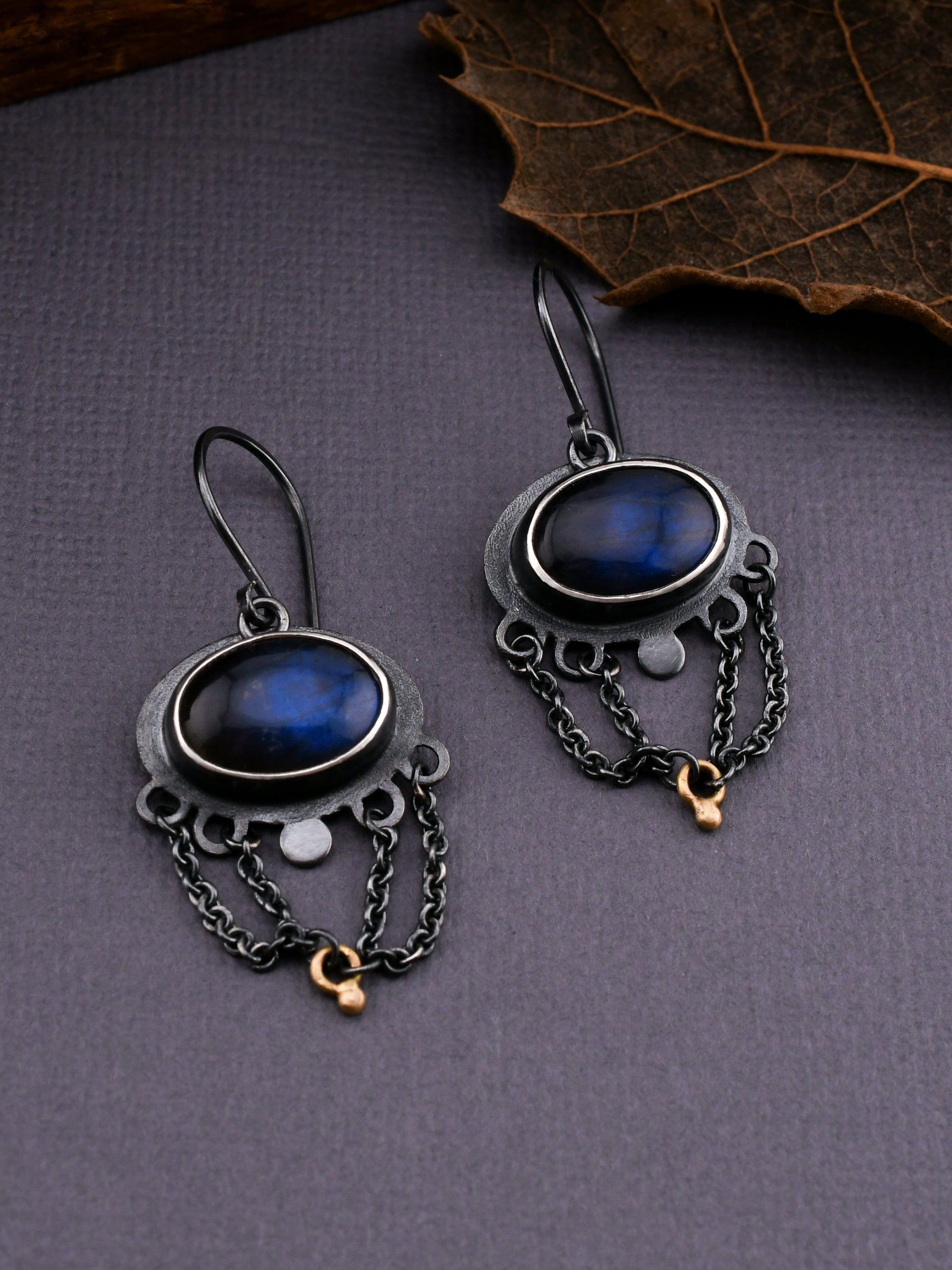 Pair of black earrings with blue stones on a gray surface with a leaf.