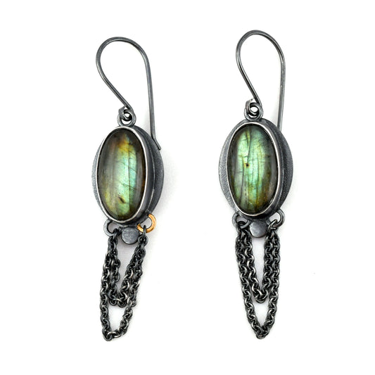 Pair of earrings with Labradorite stones and chain details on a white background