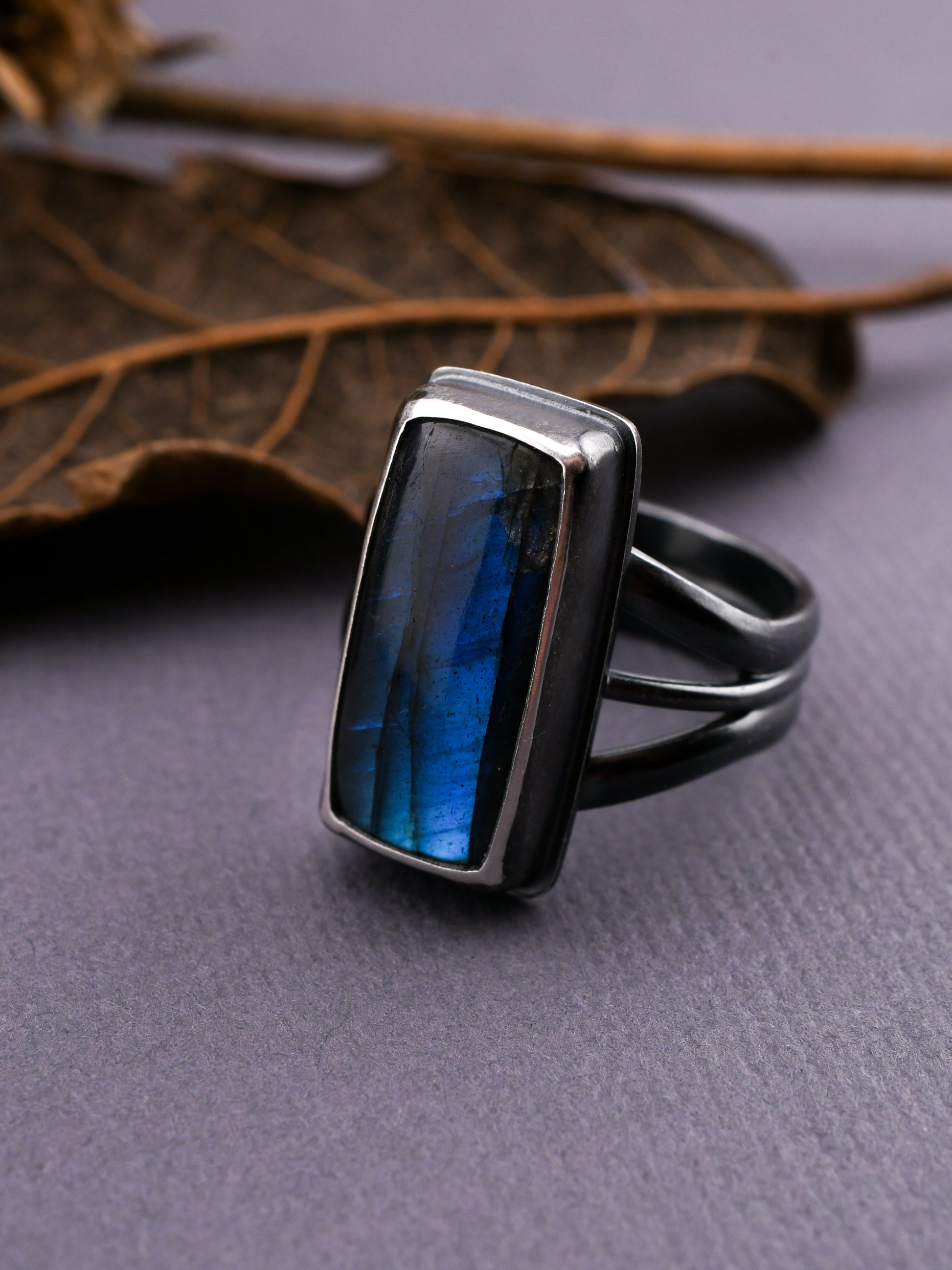 Silver ring with a blue gemstone on a textured gray surface with a leaf.