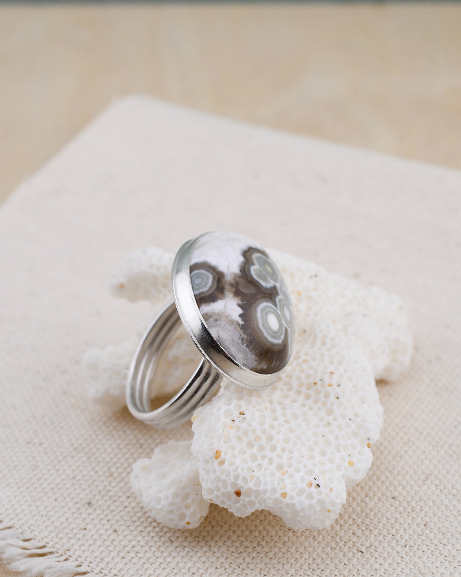 Silver ring with a brown and white ocean jasper with green circles displayed on a piece of white coral.