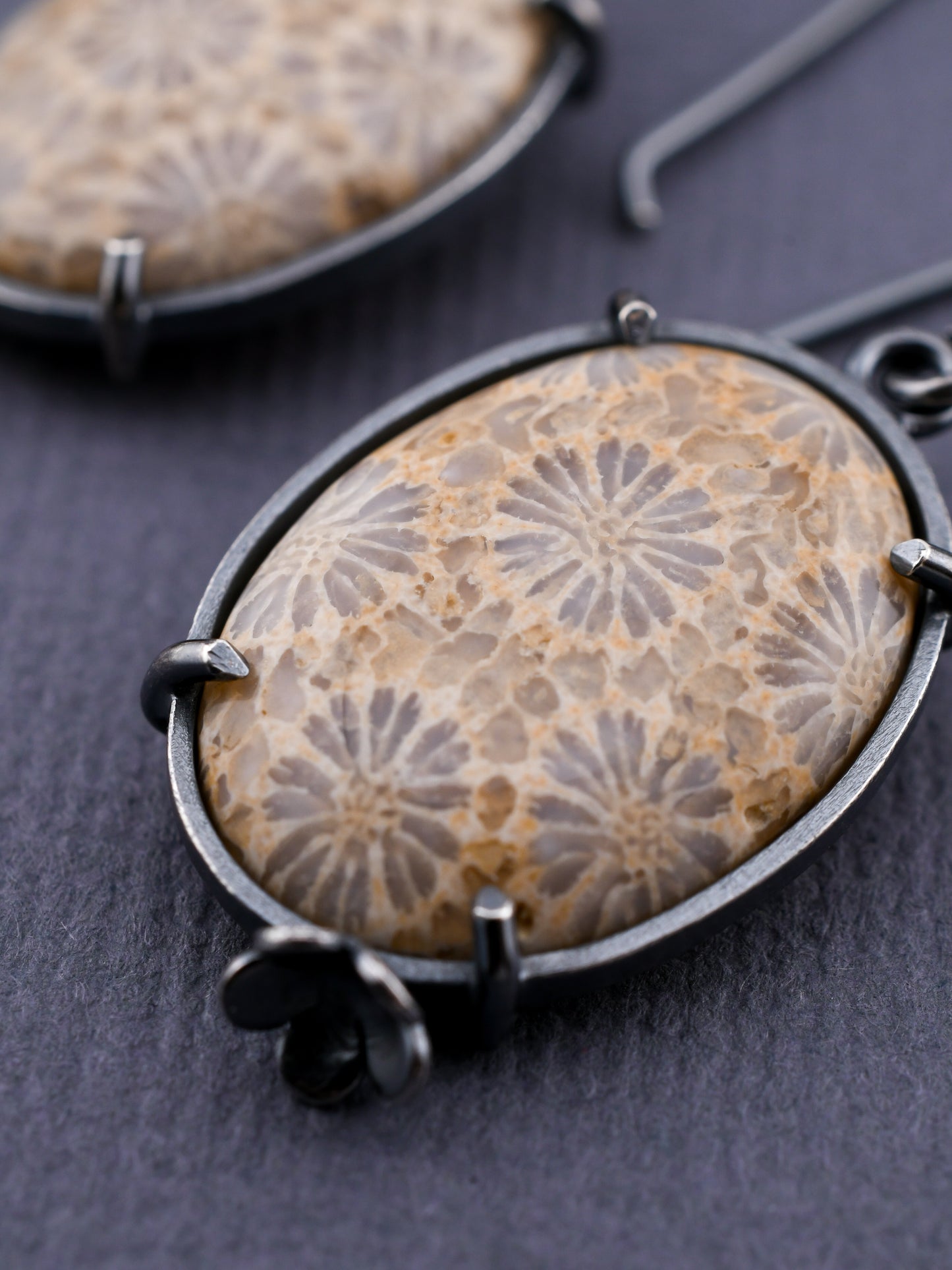 detail of a fossil coral earring on a dark background