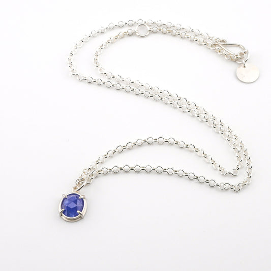 Silver necklace with a blue gemstone pendant on a white background