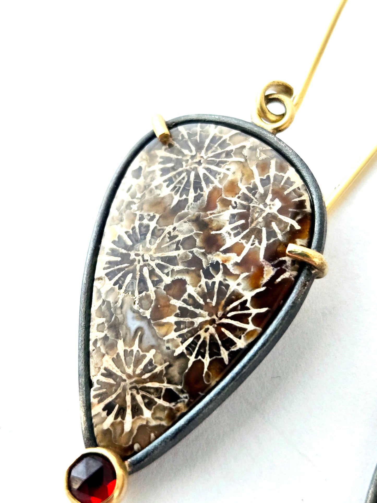 Fossilized coral and Garnet earrings-SS/14K