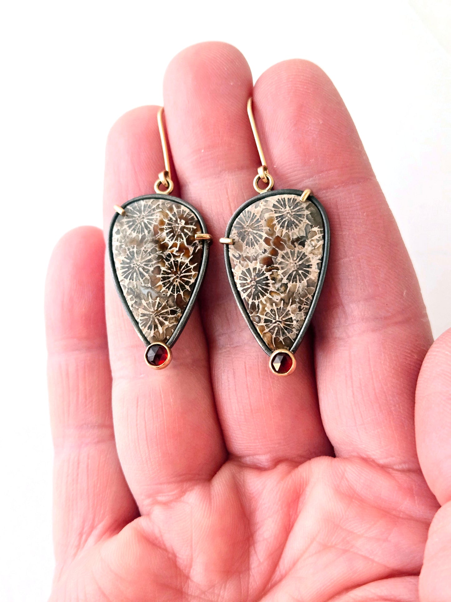 Fossilized coral and Garnet earrings-SS/14K