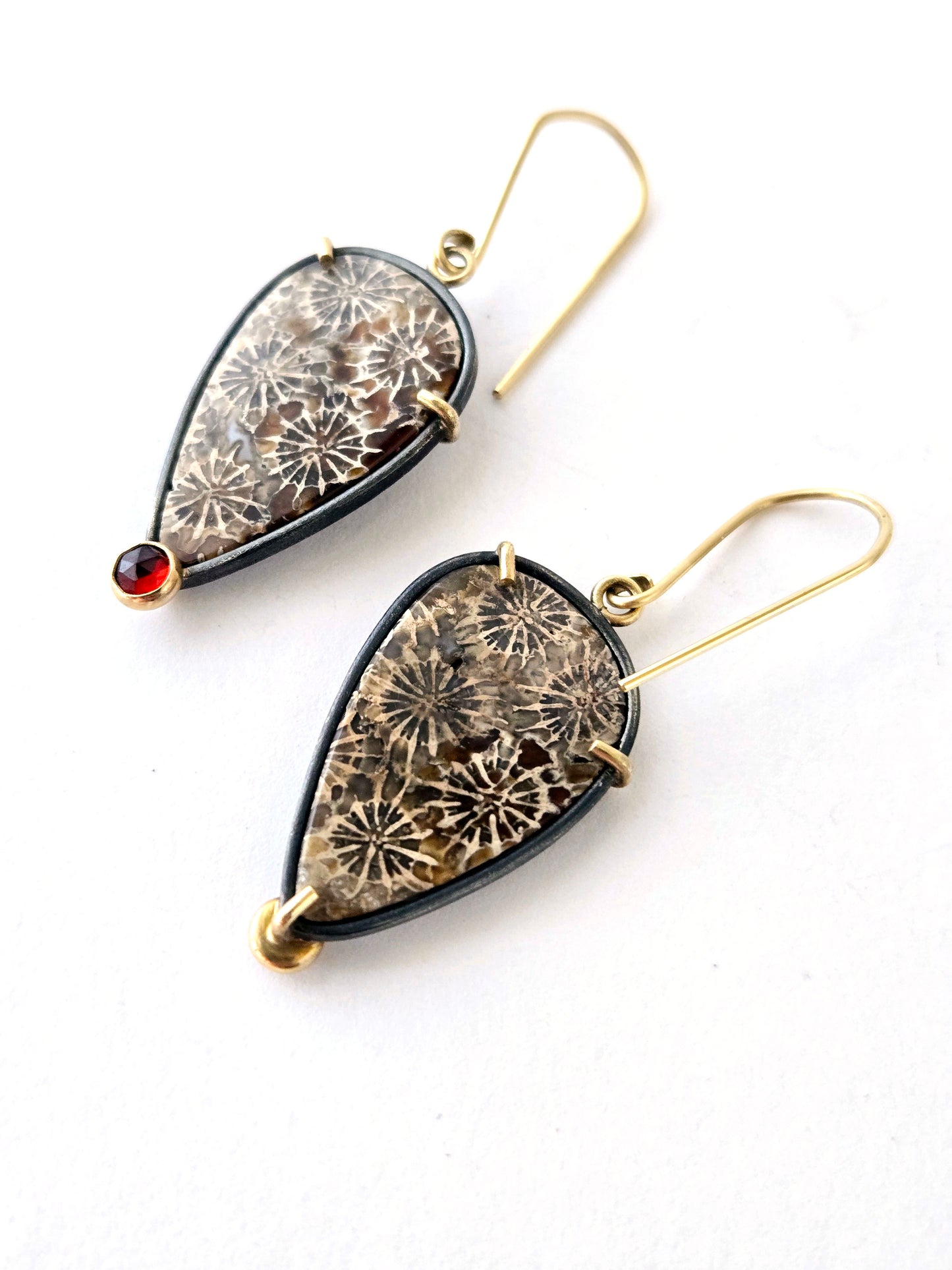 Fossilized coral and Garnet earrings-SS/14K