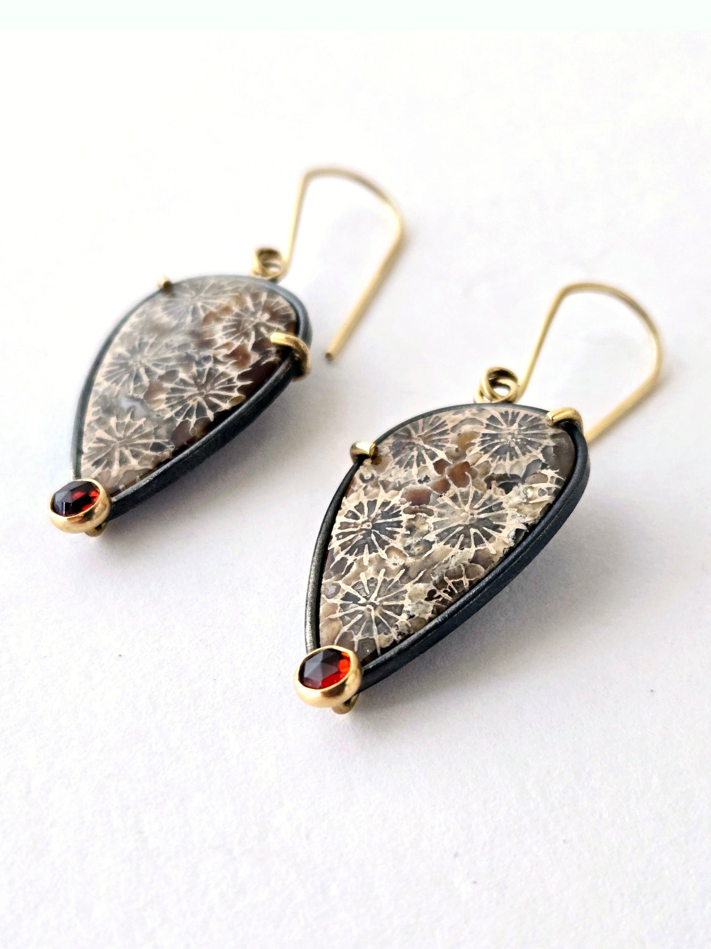 Fossilized coral and Garnet earrings-SS/14K