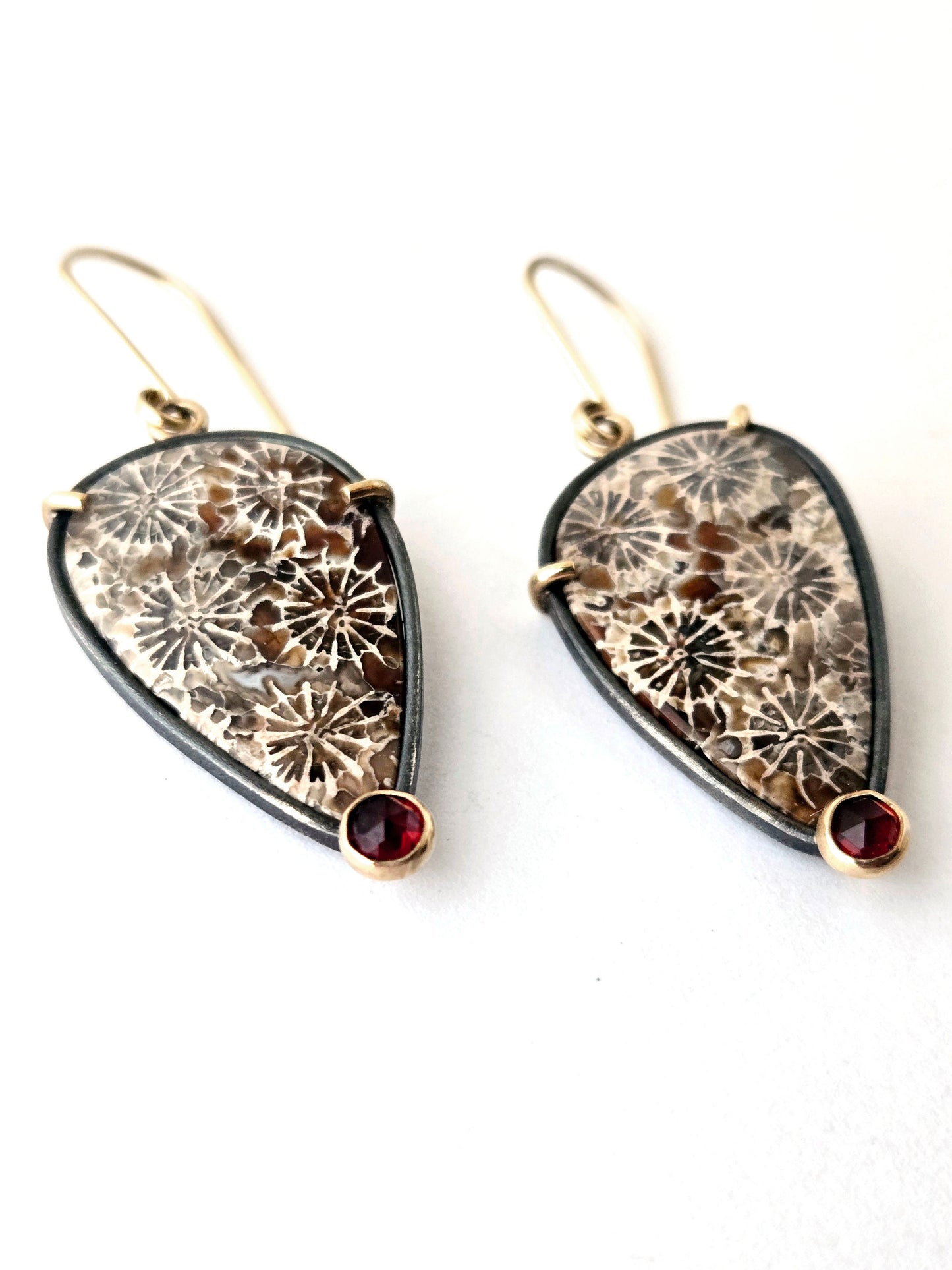 Fossilized coral and Garnet earrings-SS/14K