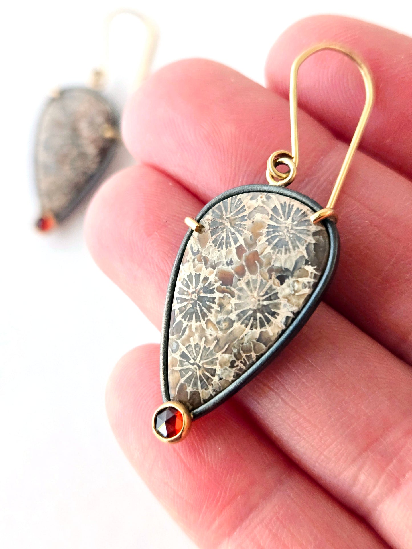 Fossilized coral and Garnet earrings-SS/14K