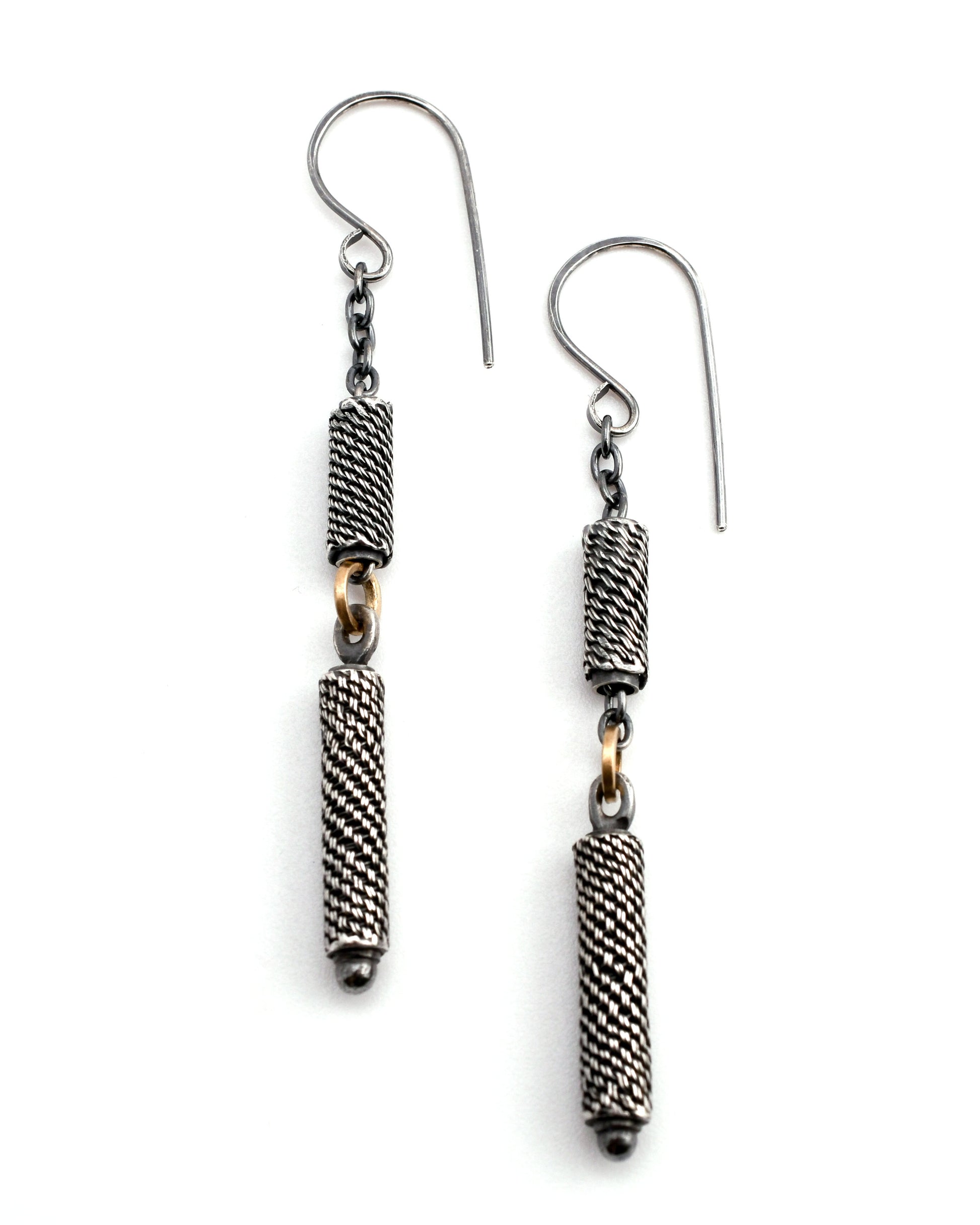 Woven silver bead and chain earrings with 14k gold links on a white background