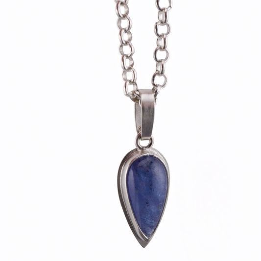 A talon-shaped periwinkle blue Tanzanite pendant set in silver hangs from a silver chain over a white background