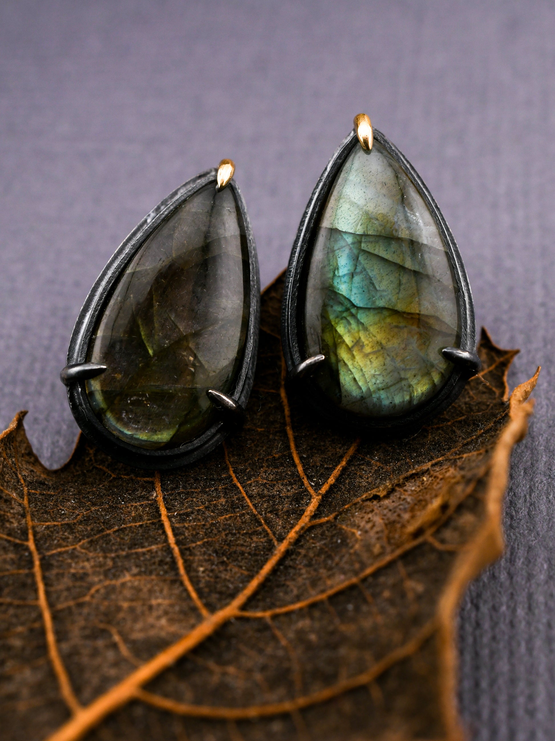 Teardrop-shaped labradorite earrings on a leaf with a gray background