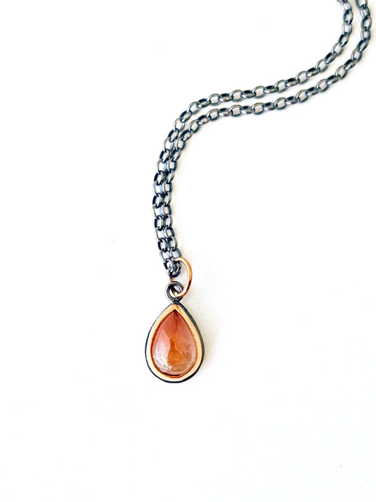 Red Rutilated Quartz Teardrop Pendant-SS/14K Rose Gold
