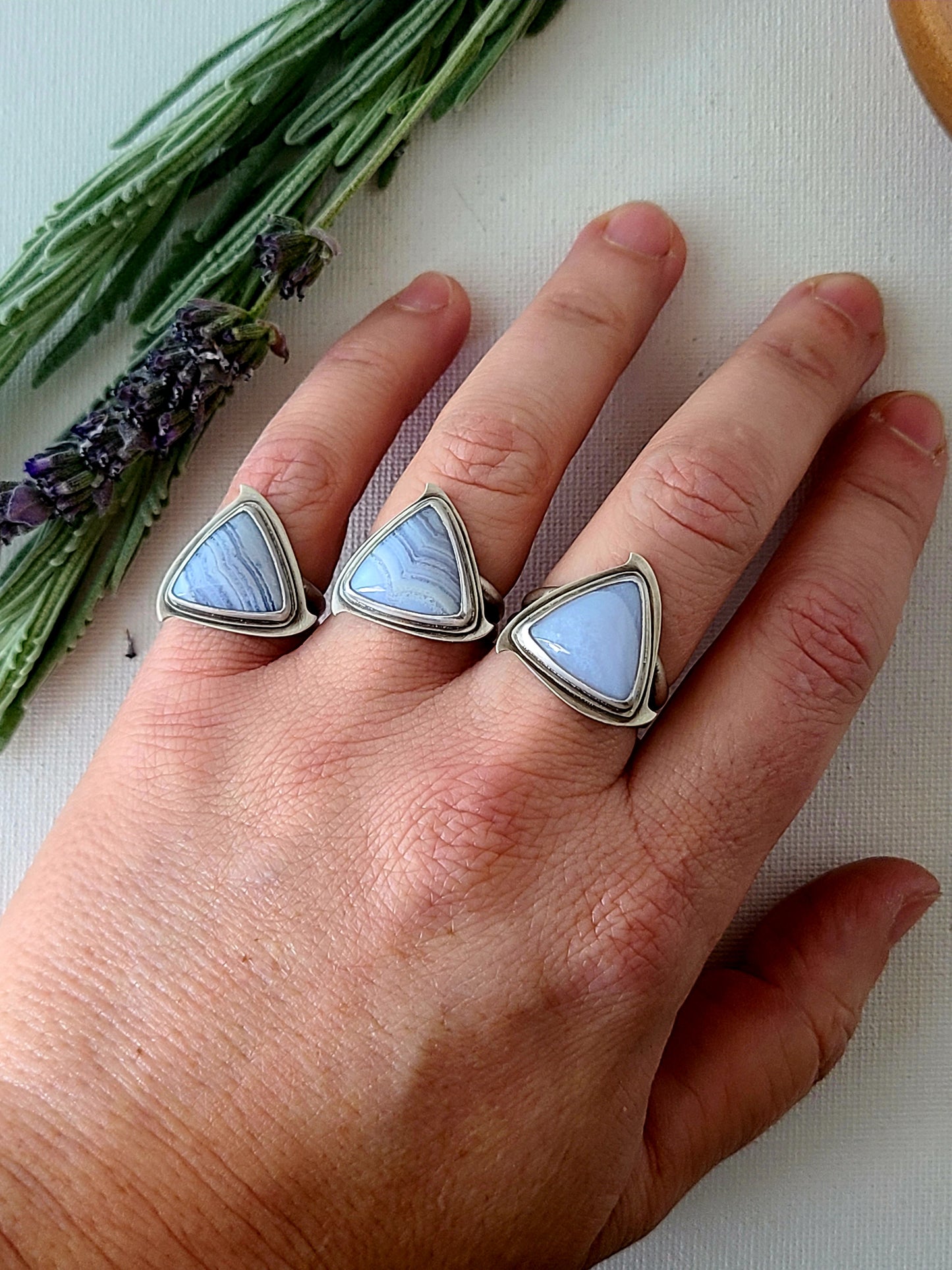 Blue Mist: Triangle Agate Ring-size 8.5 US