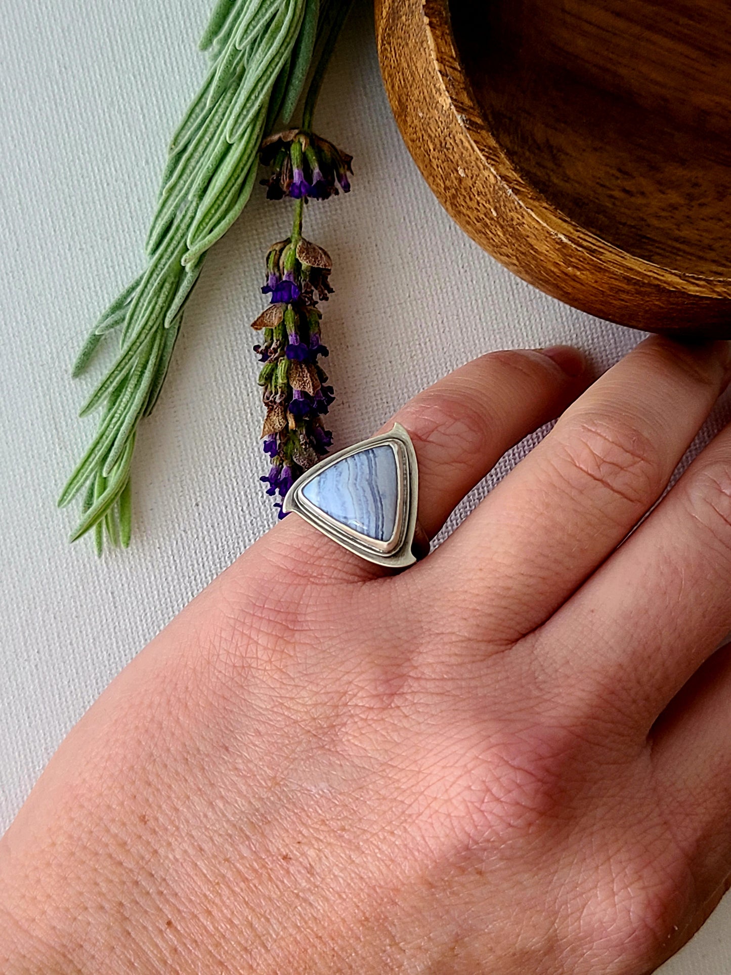 Blue Mist: Triangle Agate Ring-size 6 US