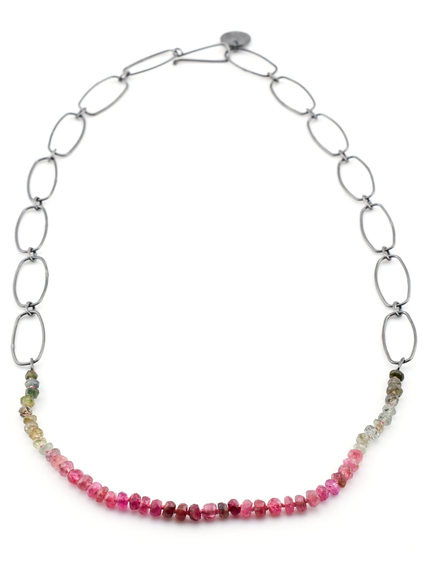 Necklace with multicolored beads on a white background