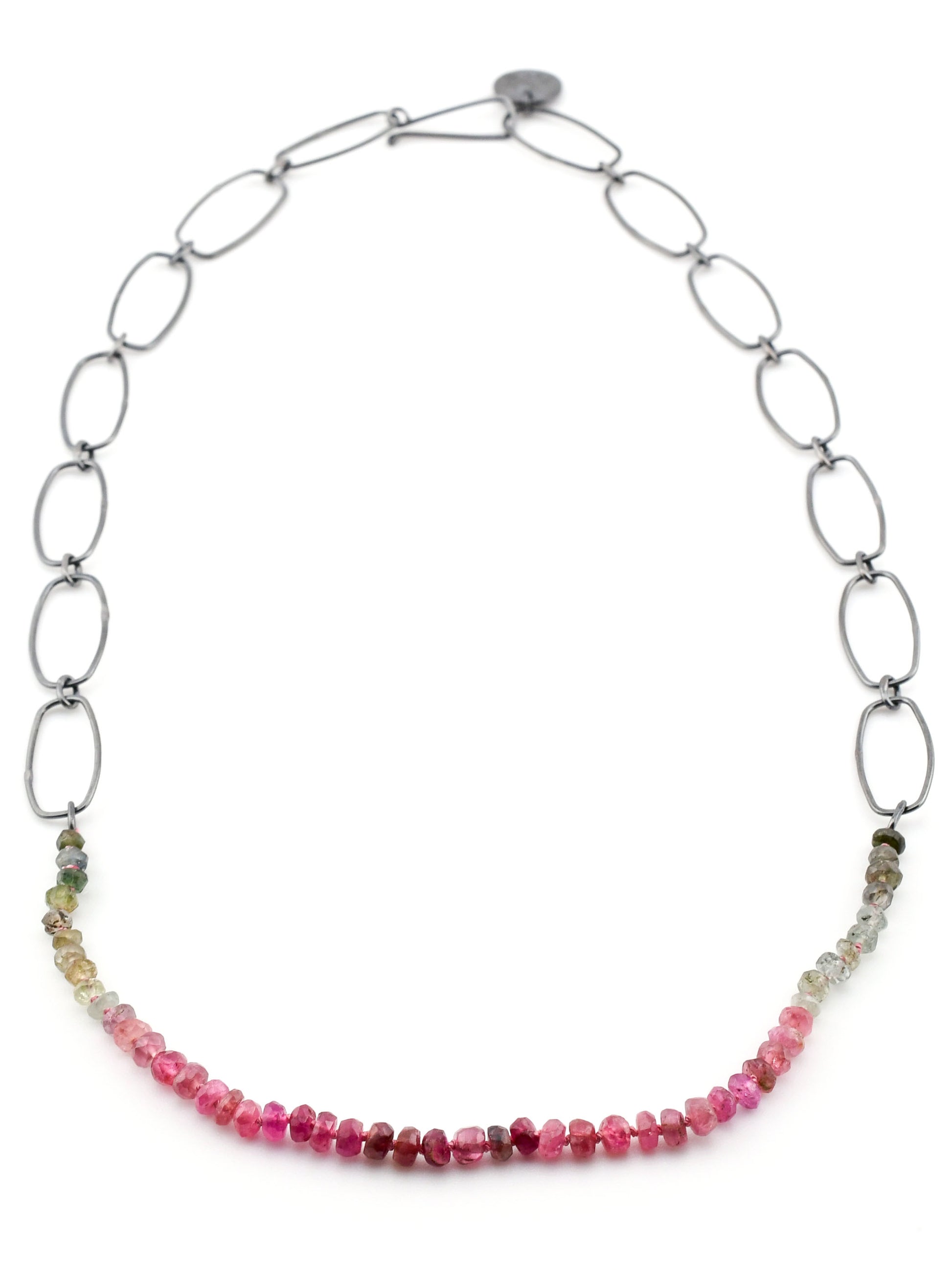 Necklace with multicolored beads on a white background