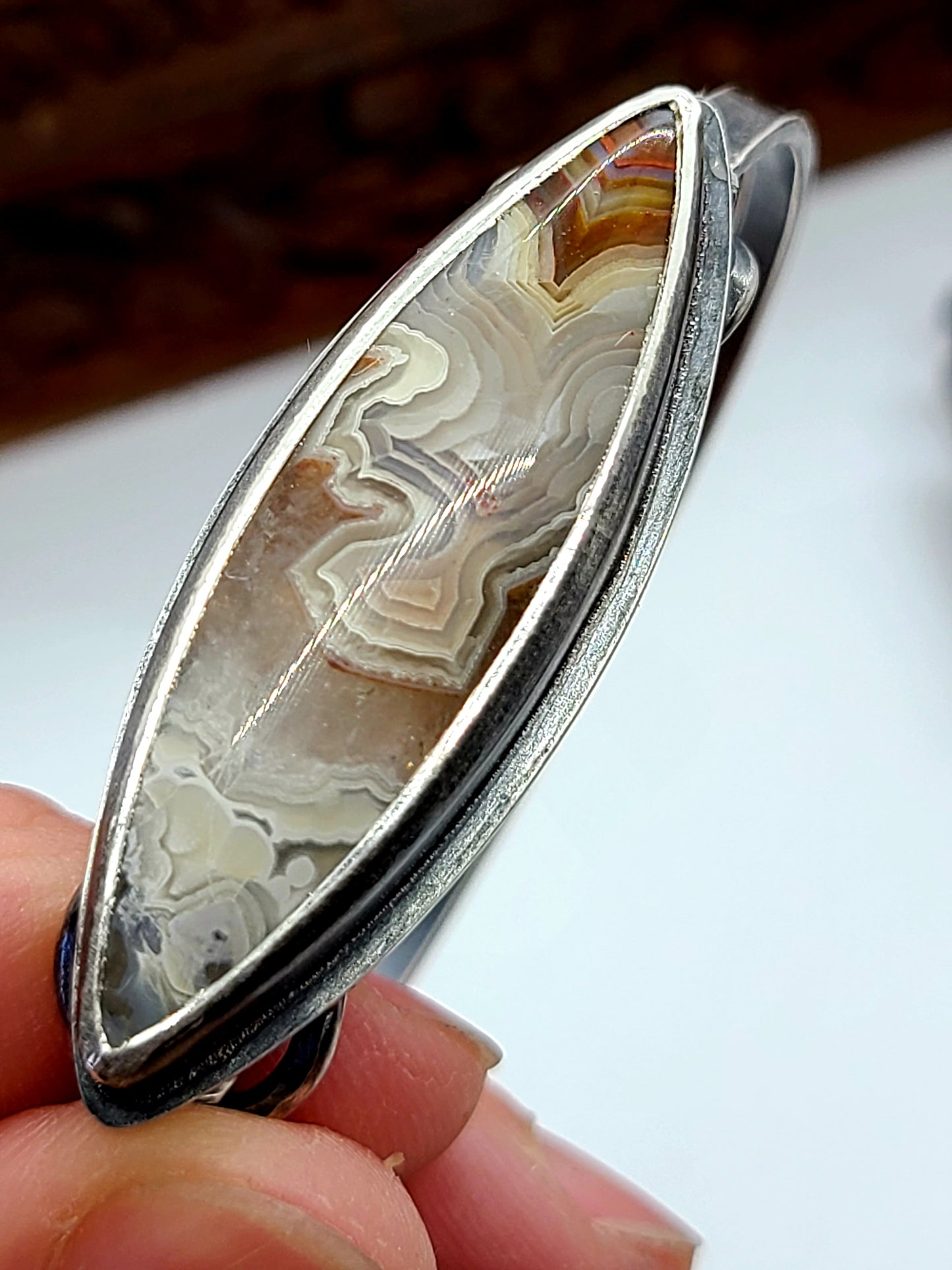 Agate and Sterling silver tension bracelet-marquis shape