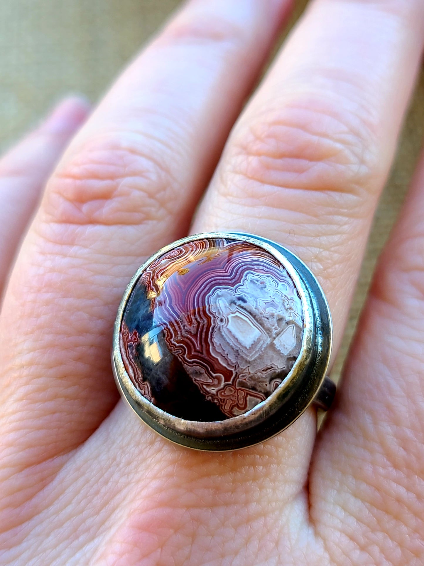 Agate and sterling silver ring-round laguna lace agate 7.75 US