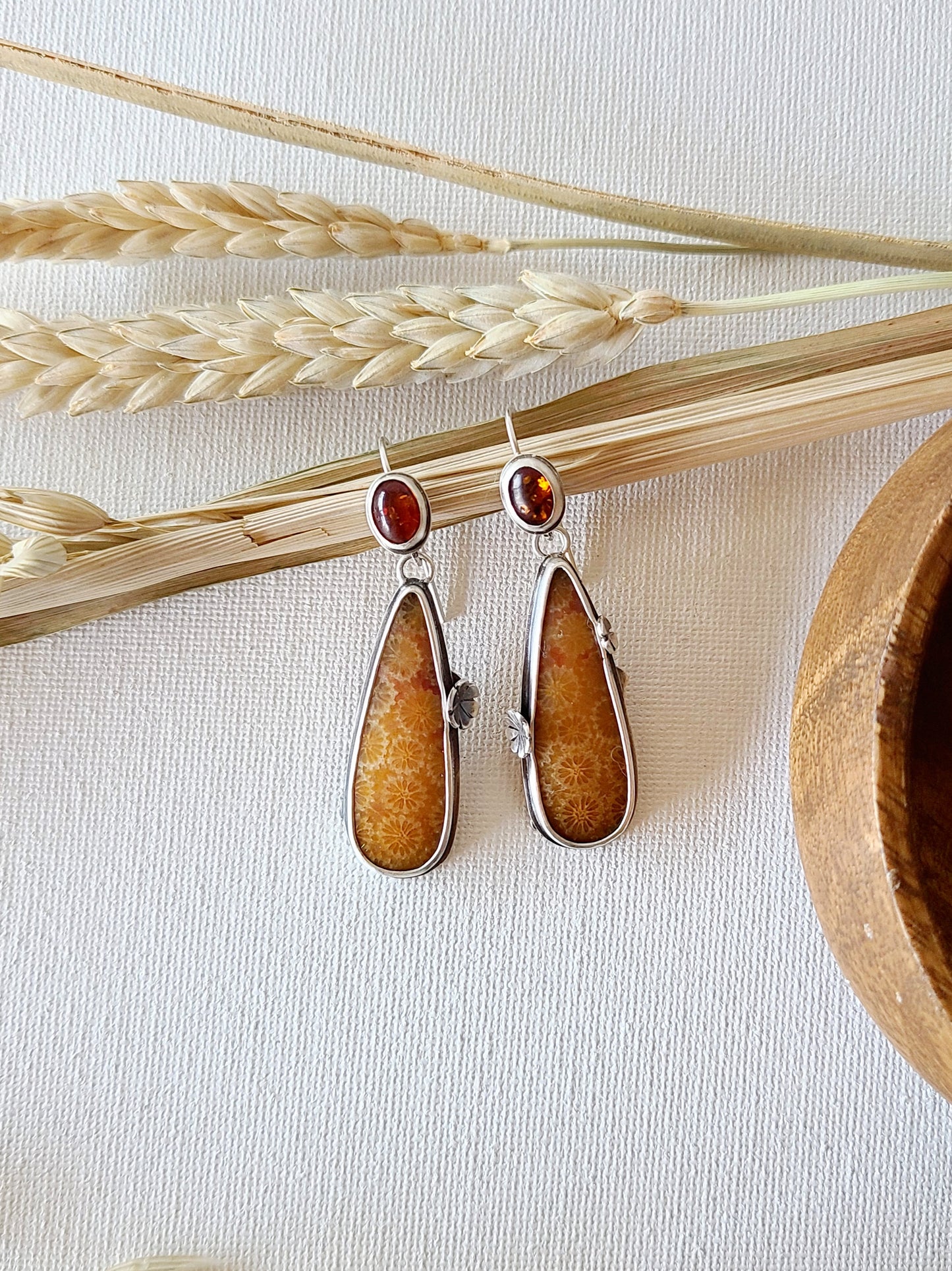 Fossil Flower earrings with Amber