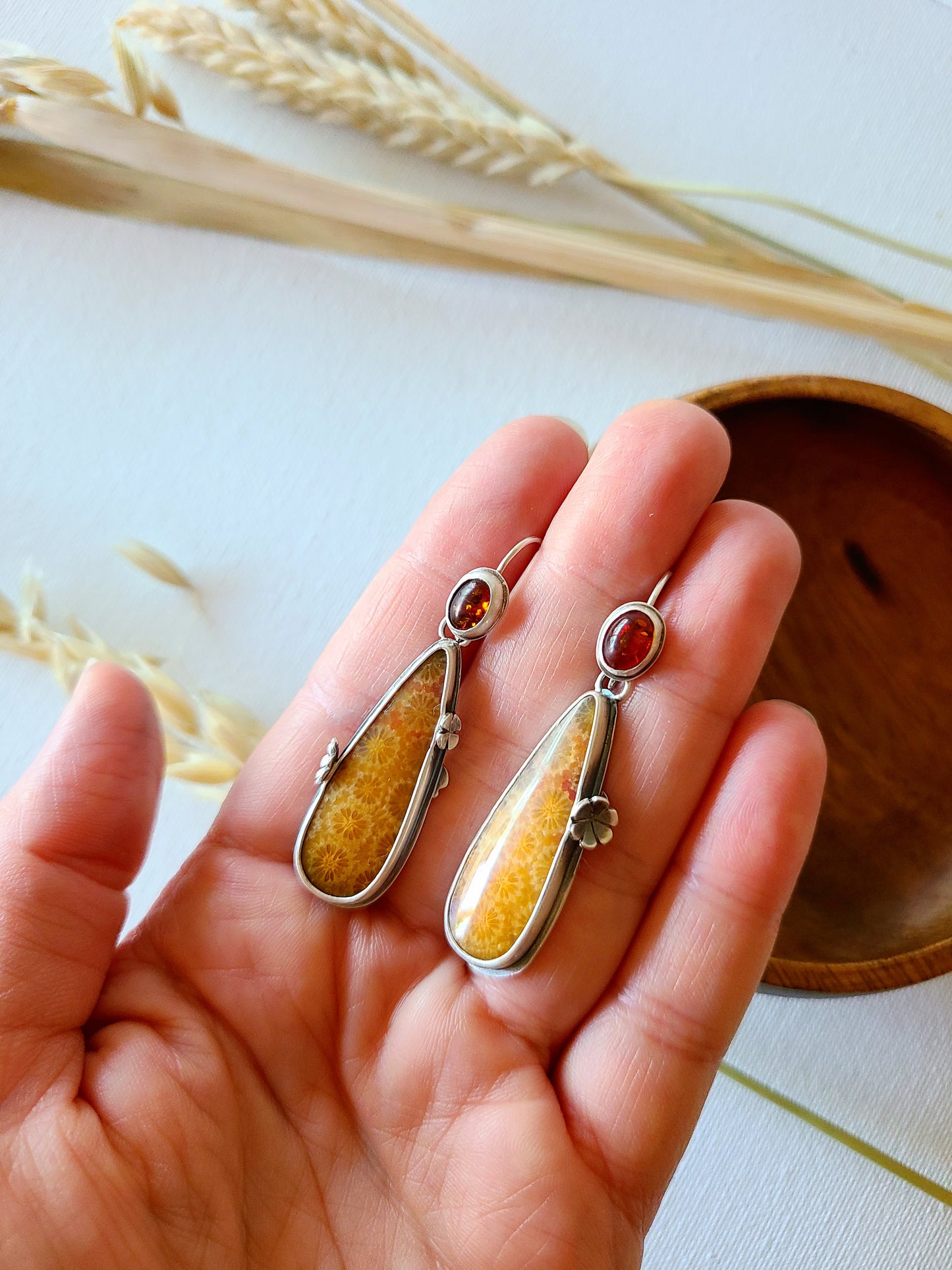 Fossil Flower earrings with Amber