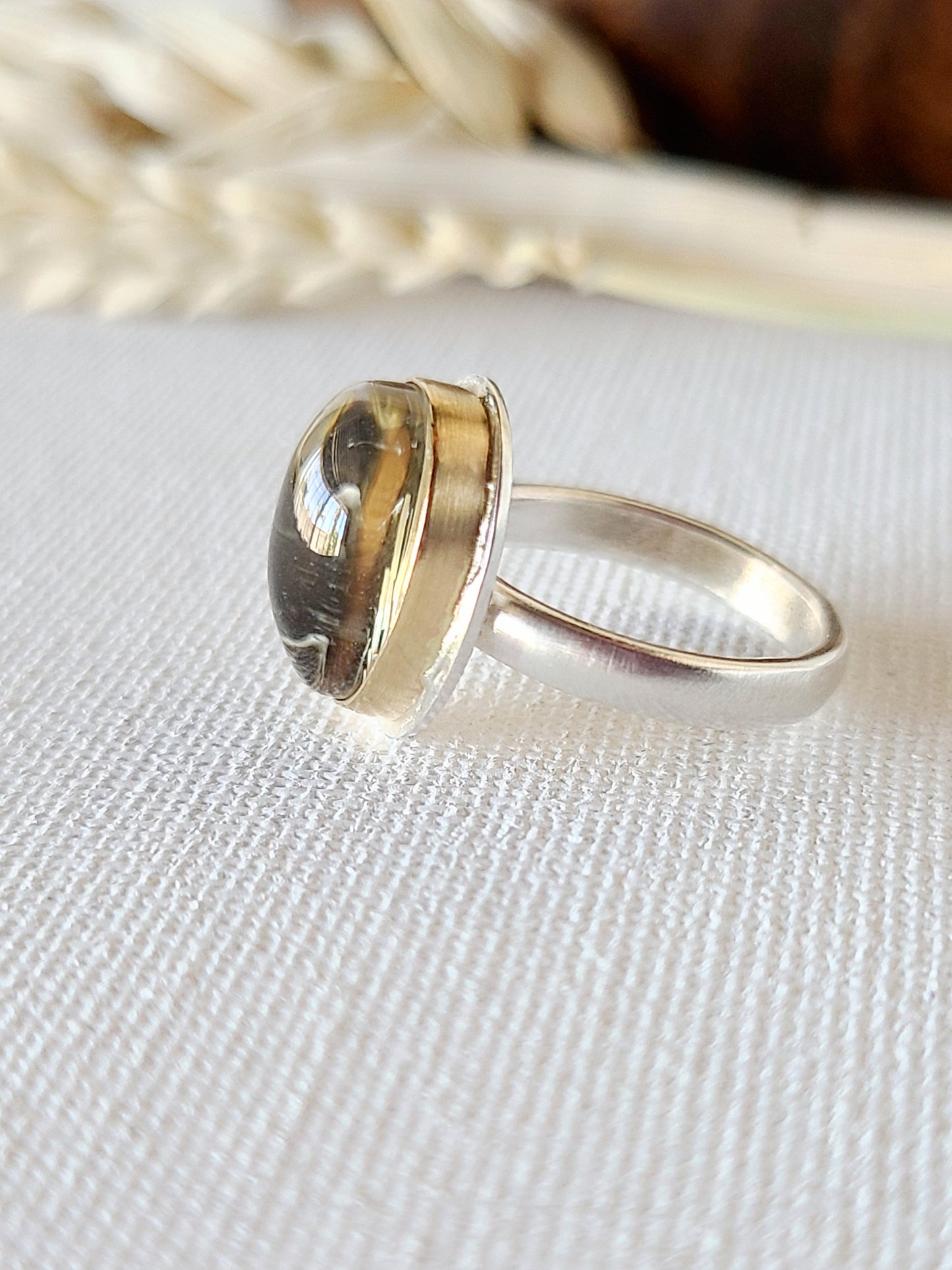 Rutilated quartz oval ring-ss/14k size 5.75
