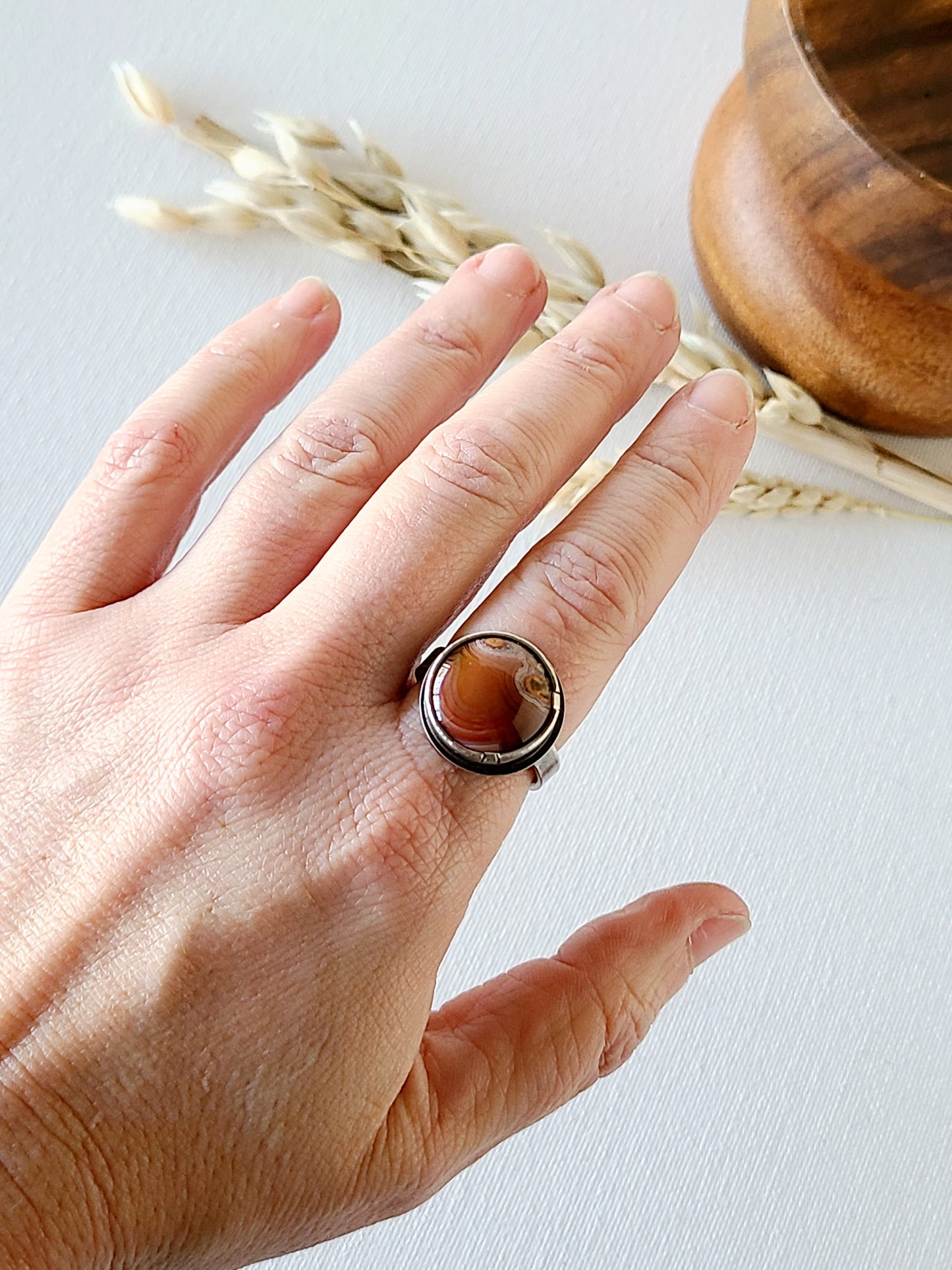 Agate and Sterling silver ring-round red laguna lace agate 9.25 US